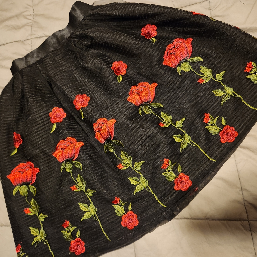 Elegant Black Skirt with Red Rose Embroidery